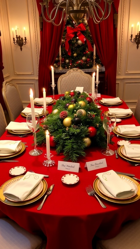 A classic Christmas table setting with red tablecloth, white dinnerware, candles, and evergreen centerpiece.